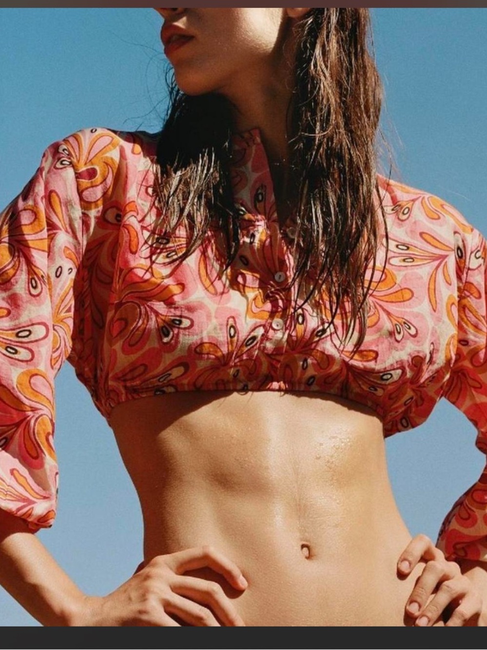 Gimaguas Pink & Orange Floral Cotton Cropped Button-Front Top M/L